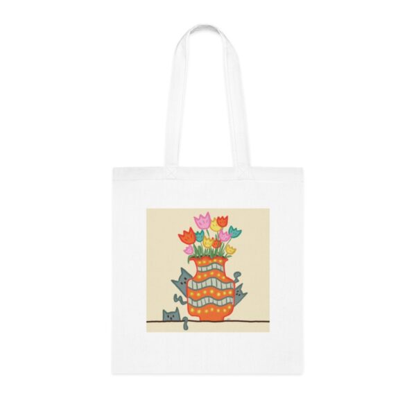 Whimsical Tulips & Cats Vase Illustration Tote Bag - Unique Cotton Canvas Carrier