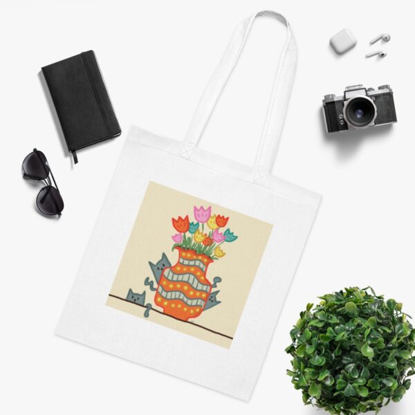 Whimsical Tulips & Cats Vase Illustration Tote Bag - Unique Cotton Canvas Carrier - Image 3