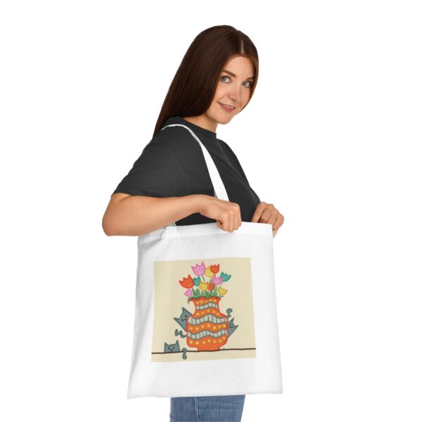 Whimsical Tulips & Cats Vase Illustration Tote Bag - Unique Cotton Canvas Carrier - Image 4