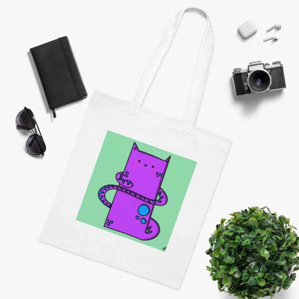 Playful Purple Cat Tote Bag - Quirky Feline Illustration, Sustainable Cotton Shopper - Image 3