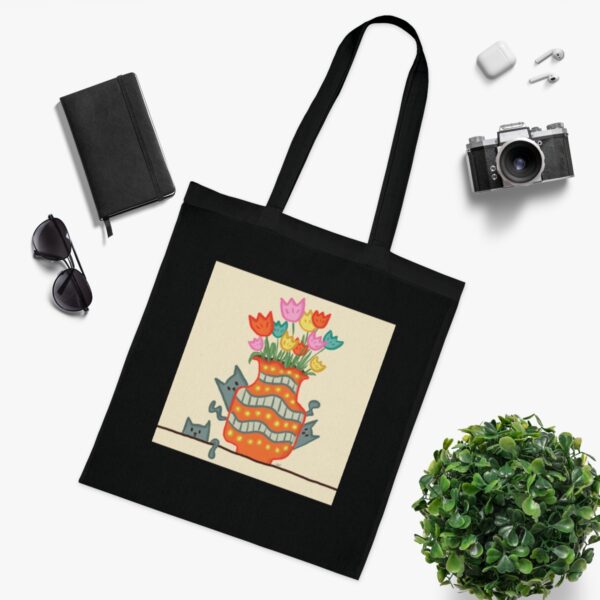 Whimsical Tulips & Cats Vase Illustration Tote Bag - Unique Cotton Canvas Carrier - Image 8