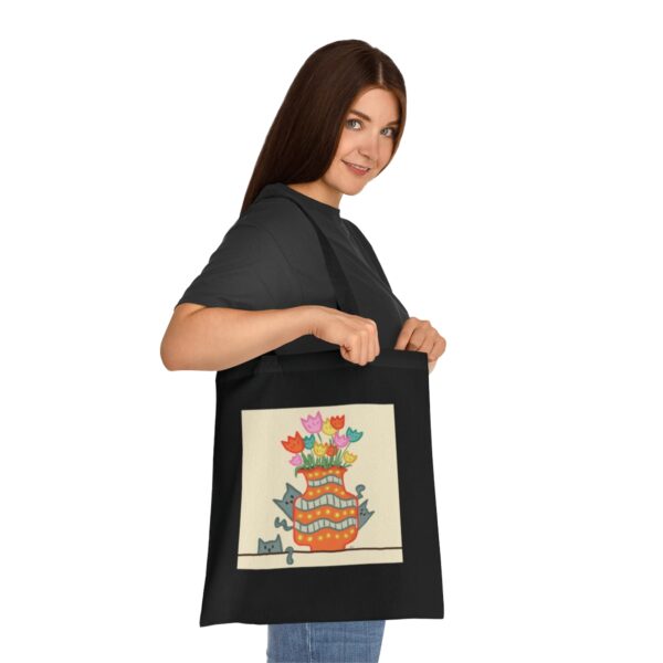 Whimsical Tulips & Cats Vase Illustration Tote Bag - Unique Cotton Canvas Carrier - Image 9